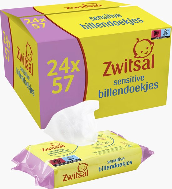 Zwitsal Billendoekjes - Sensitive - babydoekjes met milde reinigingslotion en verzachtende olie - 24 x 57 stuks