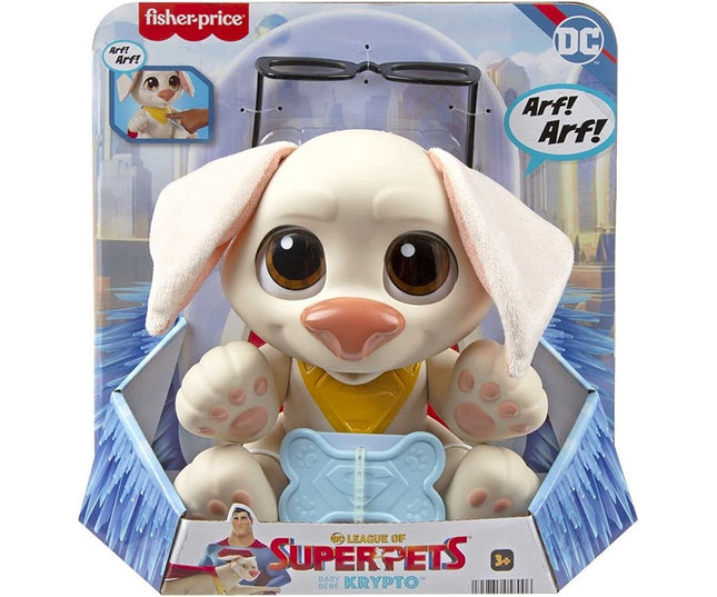 League of Super Pets HGV05 DC Fisher-Price DC Baby Crypto Movable Dog Doll with Sounds and Play Accessories for Ages 3+